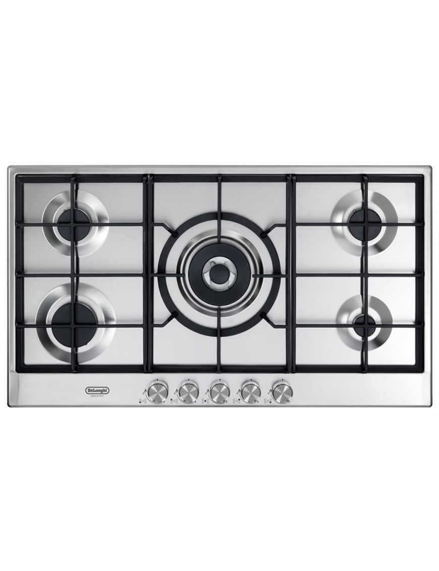 Piano Cottura A Gas De Longhi 90cm - 5 Fuochi Di Cui 1 Doppia Corona, Accensione Elettronica, Griglie Smaltate, Colore Sabbia