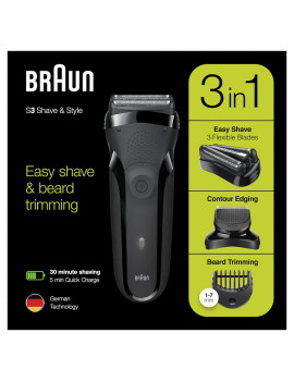 BRAUN 300BT RASOIO RICARICABILE 3IN1 3LAME AUTONOMIA 30 MINUTI 5PETTINI NERO